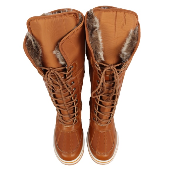 Tan Nylon Lace Up Faux Fur Cuff Winter Snow Boot - Picture 5 of 8